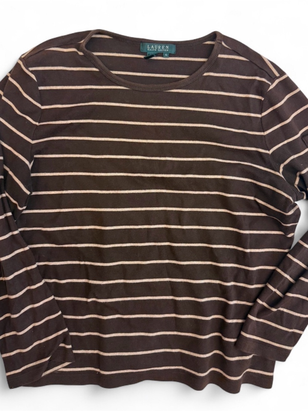 Ralph Lauren Brown and Cream Striped Long-Sleeve Crewneck